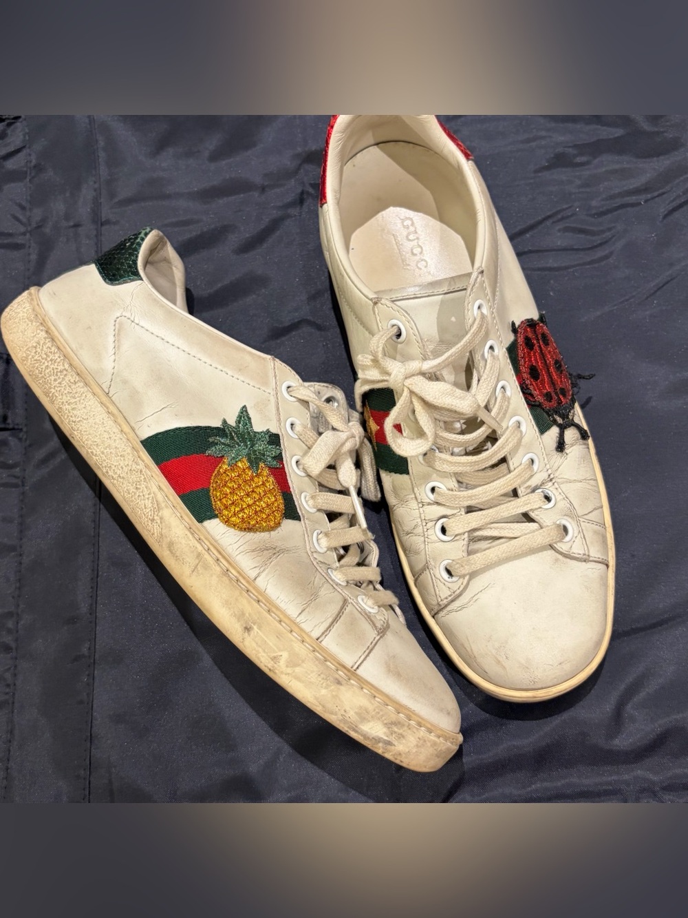 Gucci Cream Leather Sneakers with ladybug and Yellow Pineapple